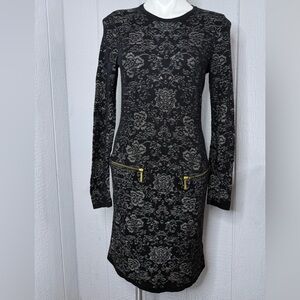 Michael Kors Black and Gray Patterned Long Sleeve Dress